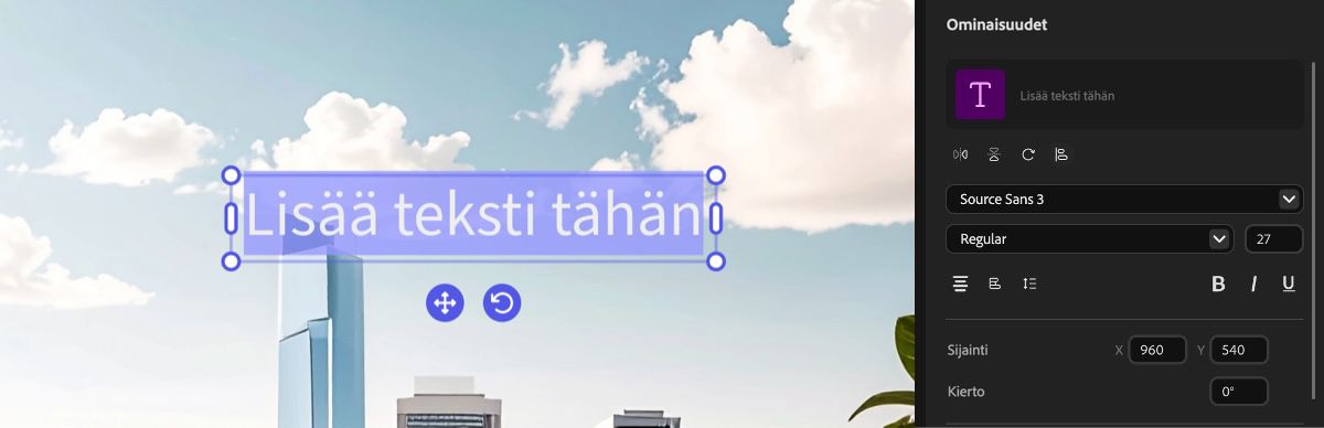 Esikatselupaneeliin lisätty teksti on valittuna, ja jos viet hiiren osoittimen tekstiruudun päälle, voit vetää ruudun toiseen kohtaan. Jos haluat muuttaa tekstiruudun kokoa, käytä koonmuuttokahvoja.