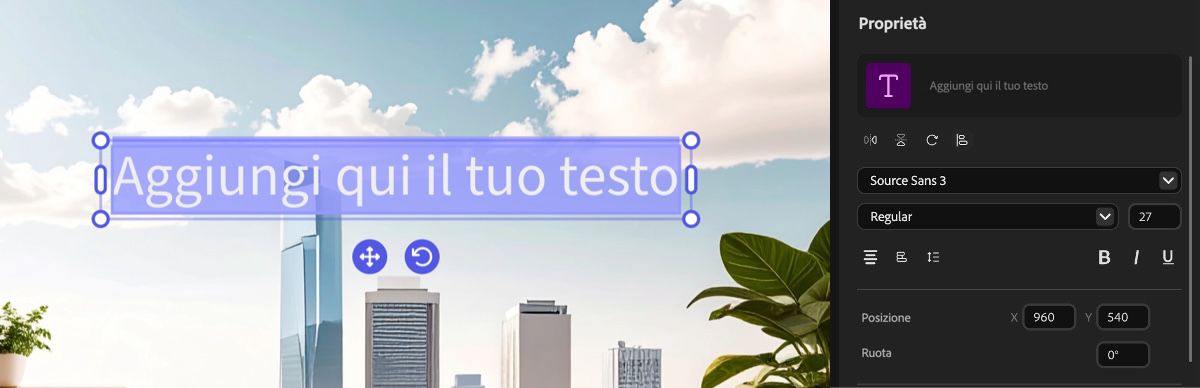 Il testo aggiunto al pannello di anteprima è selezionato e al passaggio del mouse, hai l'opzione di trascinare e riposizionare la casella di testo, o utilizzare le maniglie di ridimensionamento se vuoi modificarne le dimensioni.