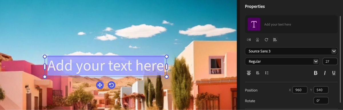 Text přidaný do panelu náhledu je vybrán a při přejetí myší máte možnost přetáhnout a změnit pozici textového pole nebo použít úchyty pro změnu velikosti, pokud chcete upravit jeho rozměry.