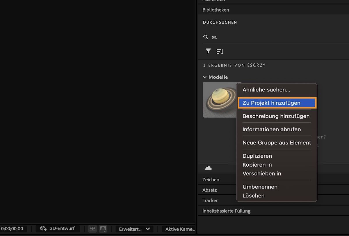 Verwenden Sie die Option „Zu Projekt hinzufügen“, um das 3D-Modell aus Ihrer Bibliothek zum Projekt hinzuzufügen.