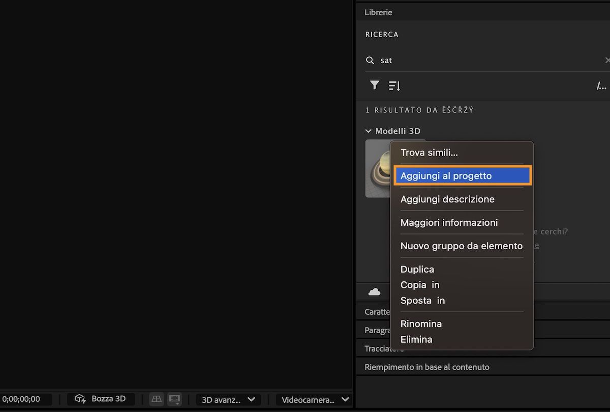 Utilizza l’opzione Aggiungi a progetto per aggiungere il modello 3D dalla libreria al progetto.