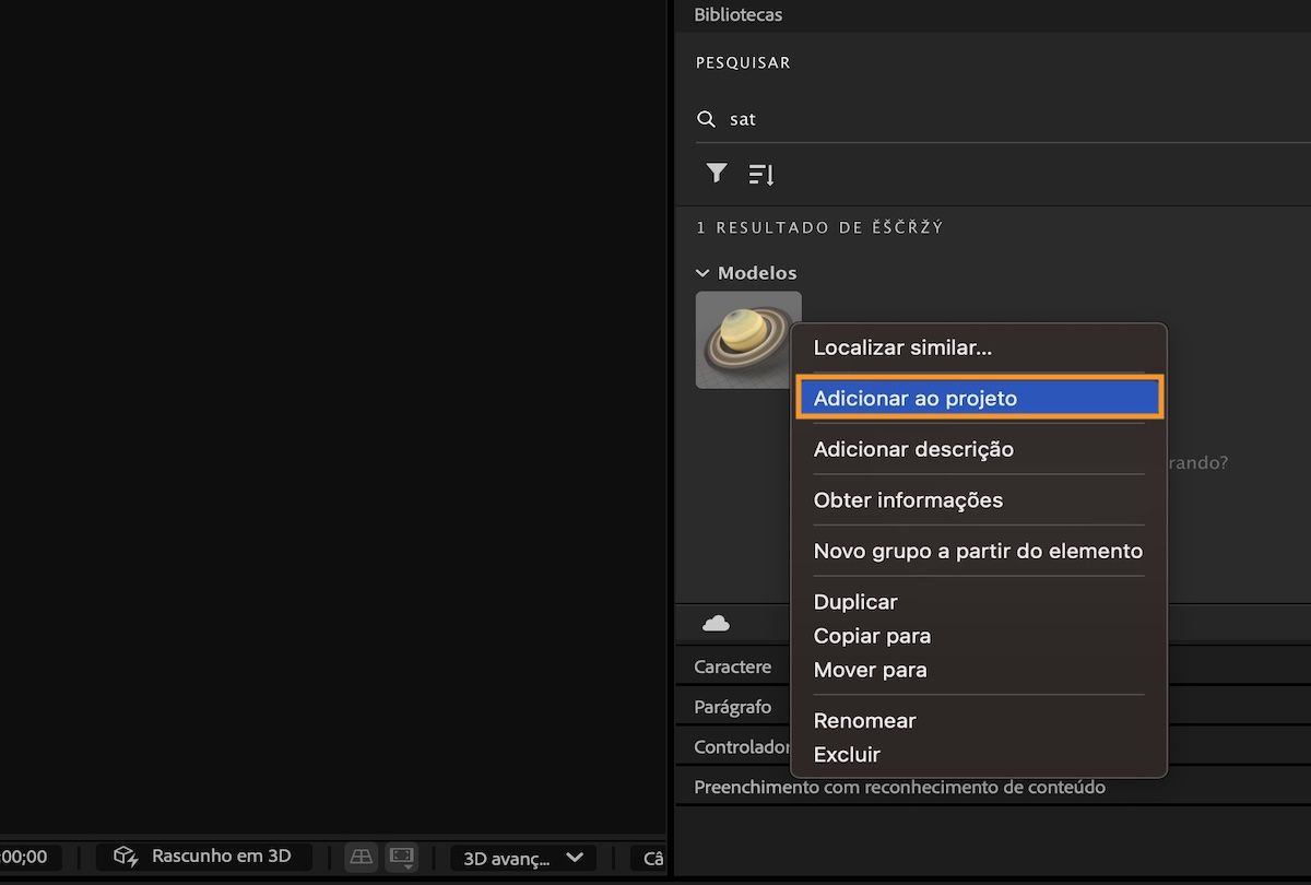 Use a opção Adicionar ao projeto para adicionar o modelo 3D da sua biblioteca ao projeto.