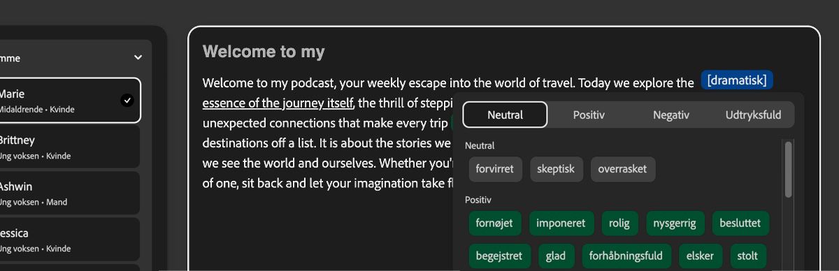 I tekstpanelet er et stykke tekst fremhævet, og en dramatisk tone er anvendt.Tonepanelet viser kategorier som Neutral, Positiv, Negativ og Udtryksfuld.