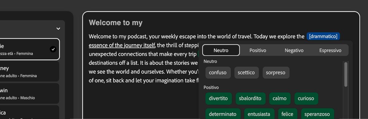 Nel pannello Testo, un pezzo di testo è evidenziato e viene applicata una tonalità drammatica.Il pannello Tonalità elenca categorie come Neutrale, Positivo, Negativo ed Espressivo.