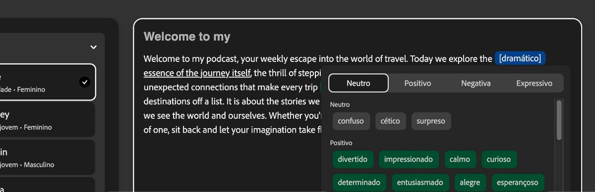 No painel Texto, um trecho de texto está destacado e um tom dramático é aplicado. O painel Tom lista categorias como Neutro, Positivo, Negativo e Expressivo.
