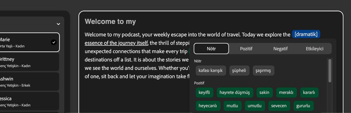 Metin panelinde, bir metin parçası vurgulanmış ve dramatik bir ton uygulanmış durumda. Ton paneli Nötr, Pozitif, Negatif ve İfade Dolu gibi kategorileri listeler.