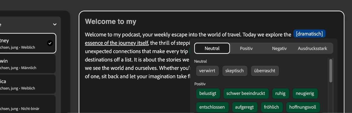 Im Textbedienfeld ist ein Textteil markiert und ein dramatischer Ton wird angewendet.Das Tonbedienfeld listet Kategorien wie Neutral, Positiv, Negativ und Expressiv auf.