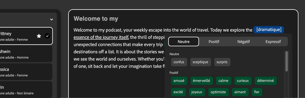 Dans le panneau Texte, un extrait de texte est surligné et un ton dramatique est appliqué. Le panneau Ton répertorie des catégories telles que Neutre, Positif, Négatif et Expressif.