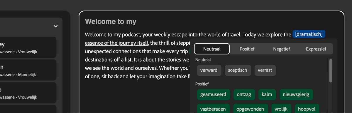 In het Tekst-paneel is een stuk tekst gemarkeerd en er is een dramatische toon toegepast.Het Toon-paneel toont categorieën zoals Neutraal, Positief, Negatief en Expressief.