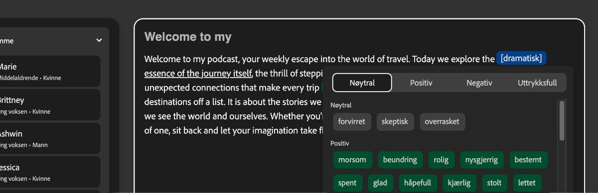 I Tekstpanelet er et tekstutdrag uthevet og en dramatisk tone er anvendt.Tonepanelet viser kategorier som Nøytral, Positiv, Negativ og Ekspressiv.