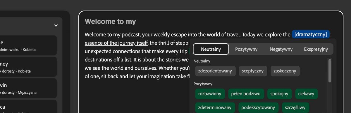 W panelu Tekst fragment tekstu jest podświetlony i zastosowano dramatyczny ton. Panel Ton zawiera takie kategorie jak Neutralny, Pozytywny, Negatywny i Ekspresyjny.