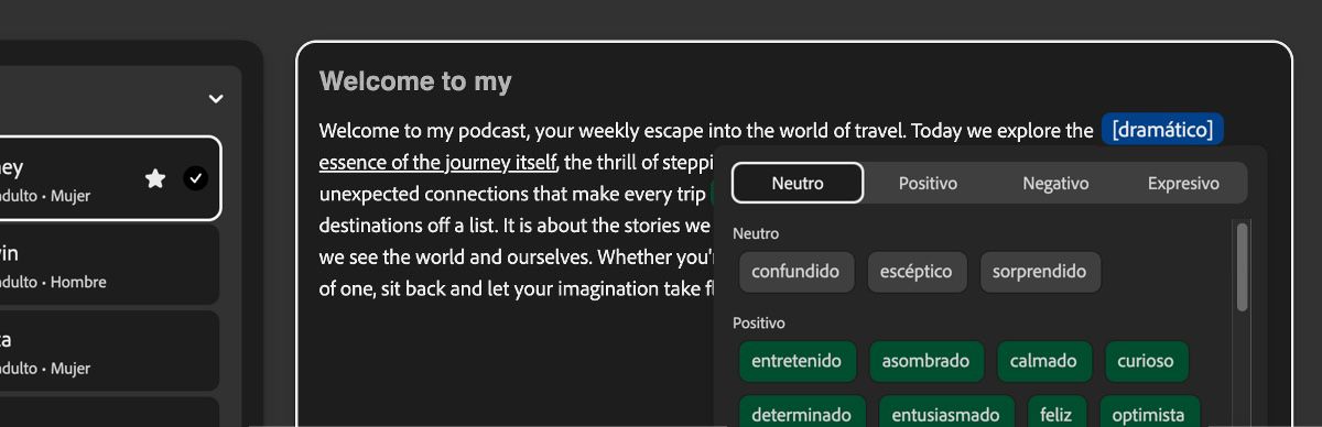 En el panel, hay un fragmento de texto resaltado y se aplica un tono dramático.El panel de Tono enumera categorías como Neutral, Positivo, Negativo y Expresivo.