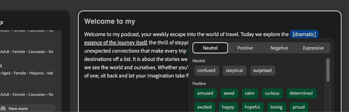In the Text panel, a piece of text is highlighted and a dramatic tone is applied. The Tone panel lists categories such as Neutral, Positive, Negative, and Expressive.