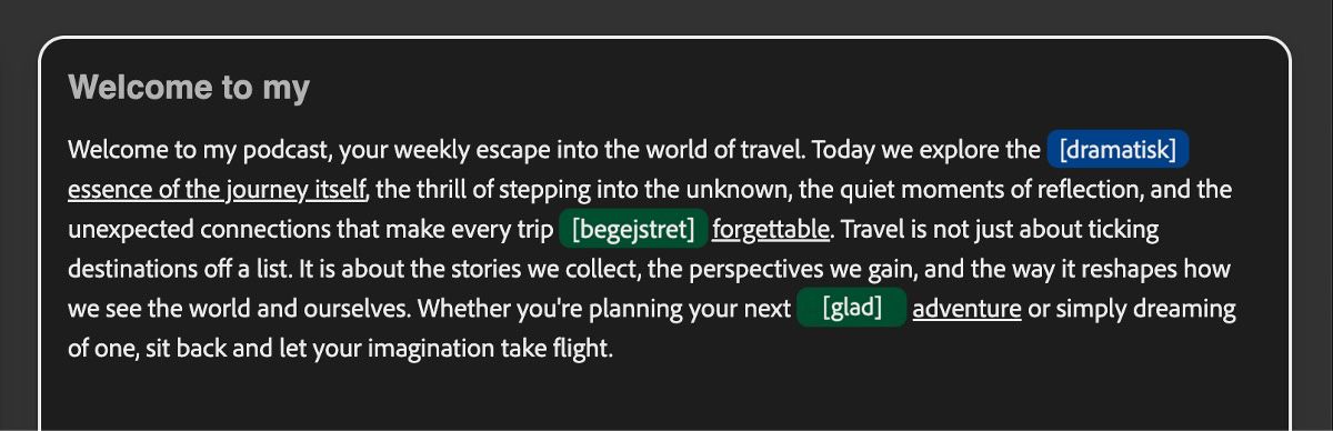 Tekstpanelet viser flere toneetiketter i forskellige farver, hvilket gør det nemt at identificere og justere tonale signaler med et øjekast.