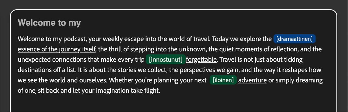 Tekstipaneelissa näkyy useita sävymerkintöjä eri väreissä, mikä helpottaa sävyvihjeiden tunnistamista ja säätämistä yhdellä silmäyksellä.