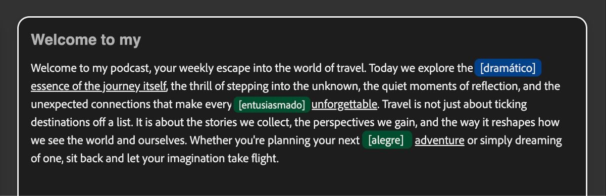 O painel Texto exibe vários rótulos de tom em cores distintas, facilitando a identificação e o ajuste de indicações tonais rapidamente.