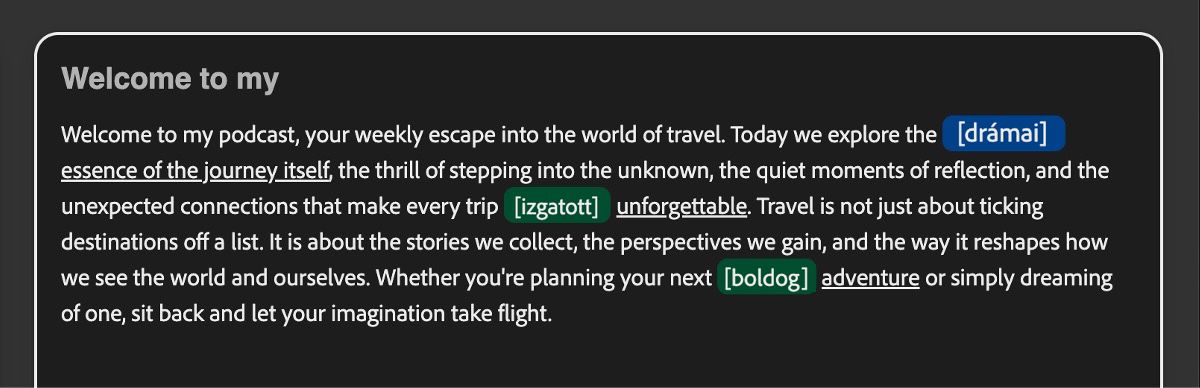 A Szöveg panel különböző színű hangnemcímkéket jelenít meg, megkönnyítve a hangnemi jelzések azonosítását és beállítását.