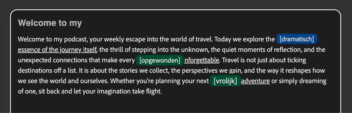 Het Tekst-paneel toont meerdere toonlabels in verschillende kleuren, waardoor het gemakkelijk is om tonale aanwijzingen in één oogopslag te identificeren en aan te passen.