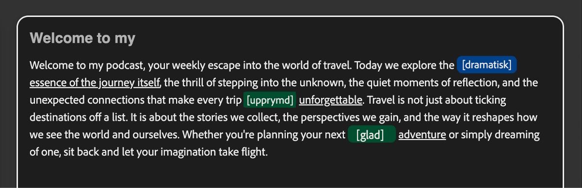 Panelen Text visar flera tonfallsetiketter i olika färger, vilket gör det enkelt att snabbt identifiera och justera tonfallsmarkörer.