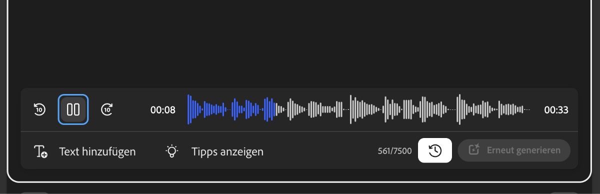 Die generierte Sprache steht zur Prüfung bereit, mit Optionen zum Abspielen oder Durchsuchen.