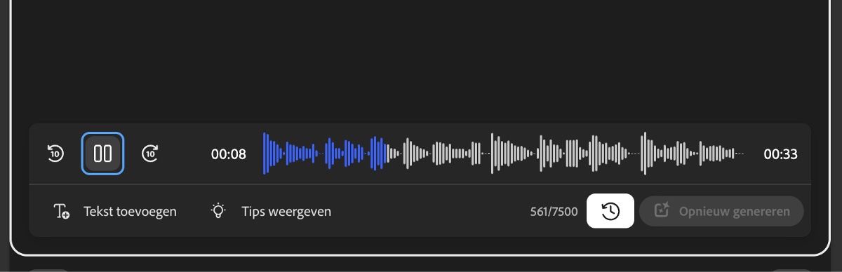 De gegenereerde spraak is beschikbaar voor controle, met opties om af te spelen of door te spoelen.