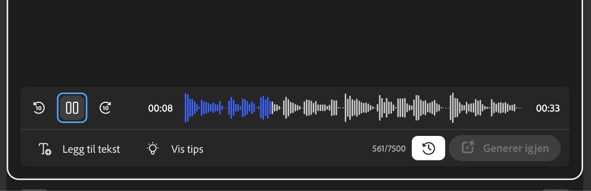 Den genererte talen er tilgjengelig for gjennomgang, med muligheter for å spille av eller spole gjennom den.
