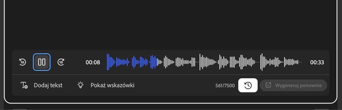 Wygenerowana mowa jest dostępna do przeglądu, z opcjami odtwarzania lub przewijania.