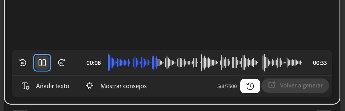 El discurso generado está disponible para su revisión, con opciones para reproducirlo o examinarlo.