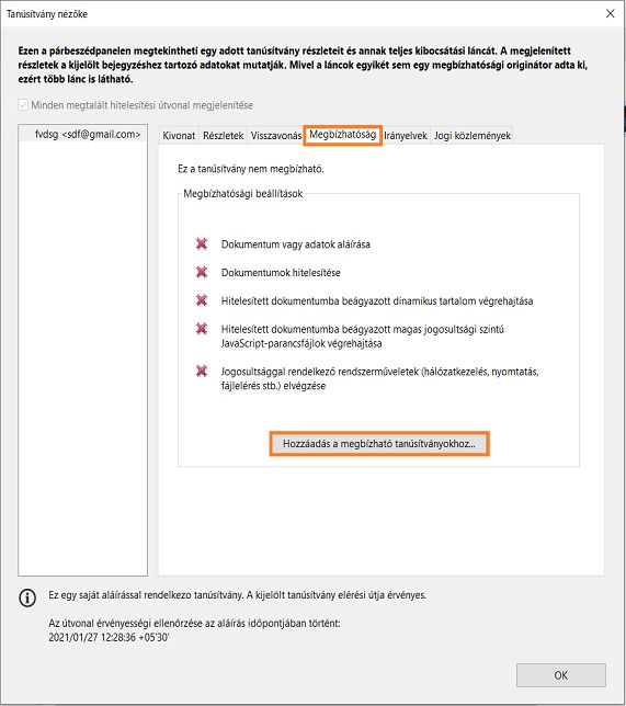 Hozzáadás a megbízható tanúsítványokhoz