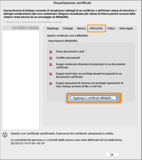 Aggiungi a certificati affidabili