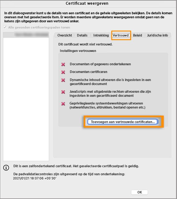 Toevoegen aan vertrouwde certificaten