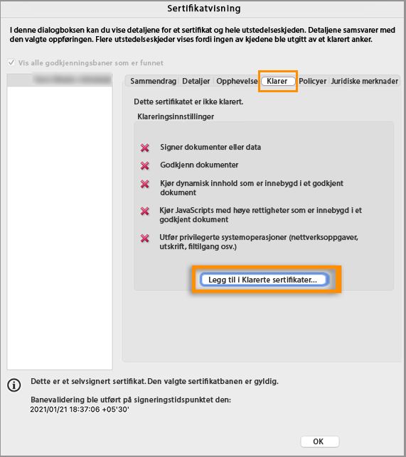 Legg til i klarerte sertifikater