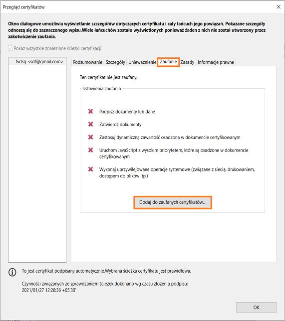 Dodaj do zaufanych certyfikatów