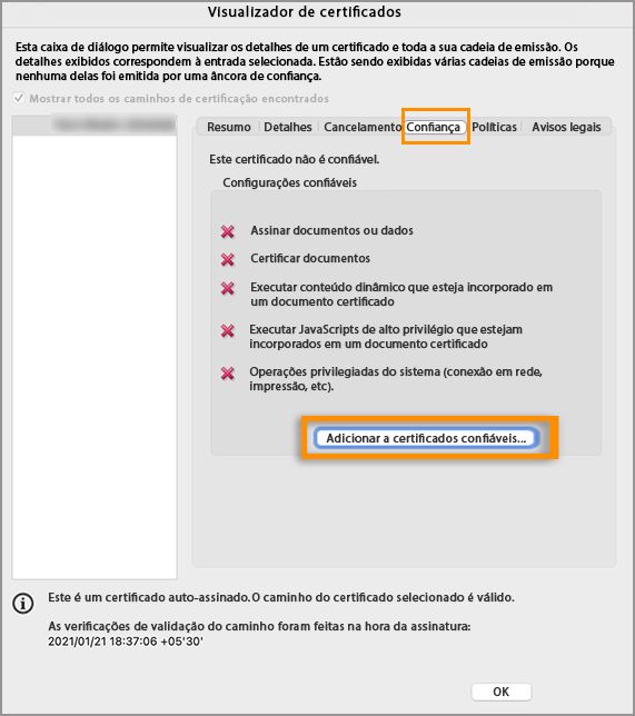 Adicionar a certificados confiáveis