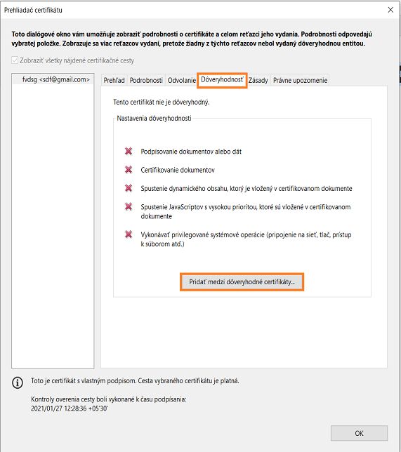 Pridať k dôveryhodným certifikátom