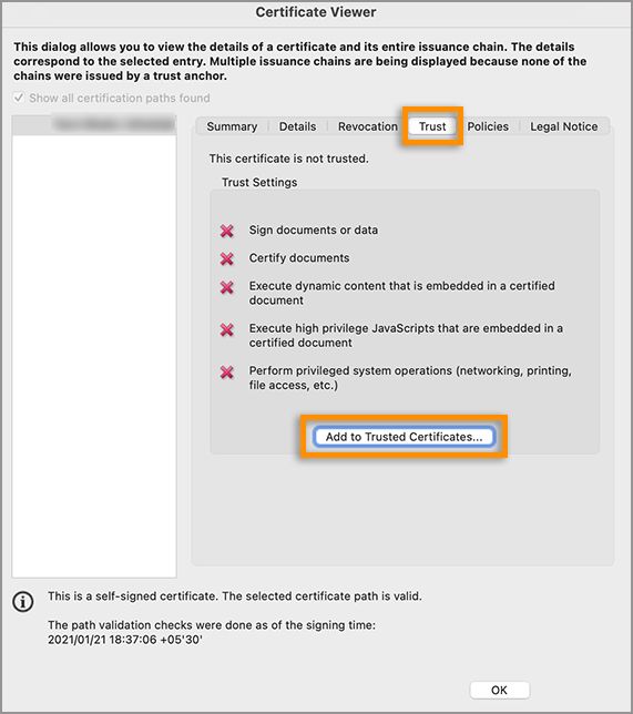 الإضافة إلى الشهادات الموثوق بها