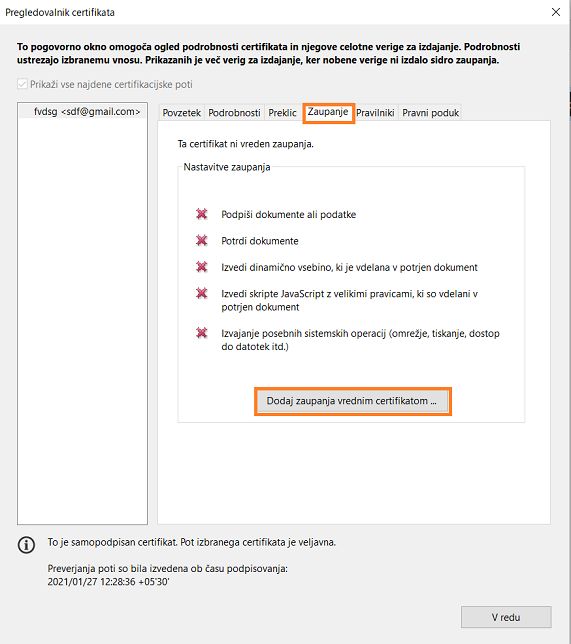 Dodaj zaupanja vrednim certifikatom