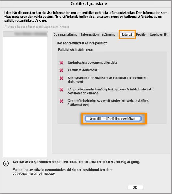 Lägg till i betrodda certifikat
