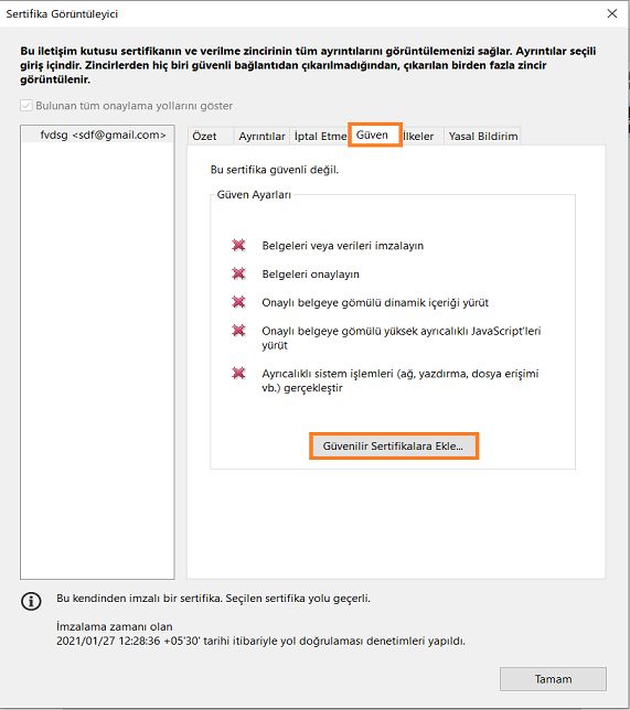 Güvenilir sertifikalara ekle