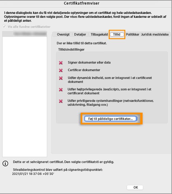 Føj til pålidelige certifikater