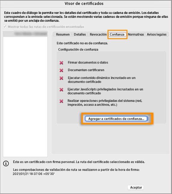 Añadir a certificados de confianza