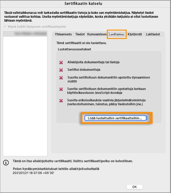 Lisää luotettuihin sertifikaatteihin