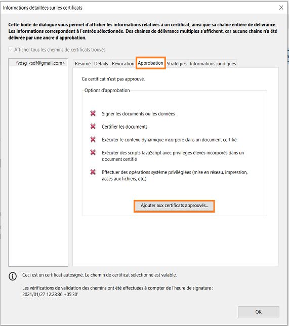 Ajouter aux certificats approuvés