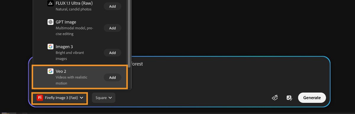 The text prompt bar is open, a text description is added and a partner model - Veo 2 is selected as the video model.