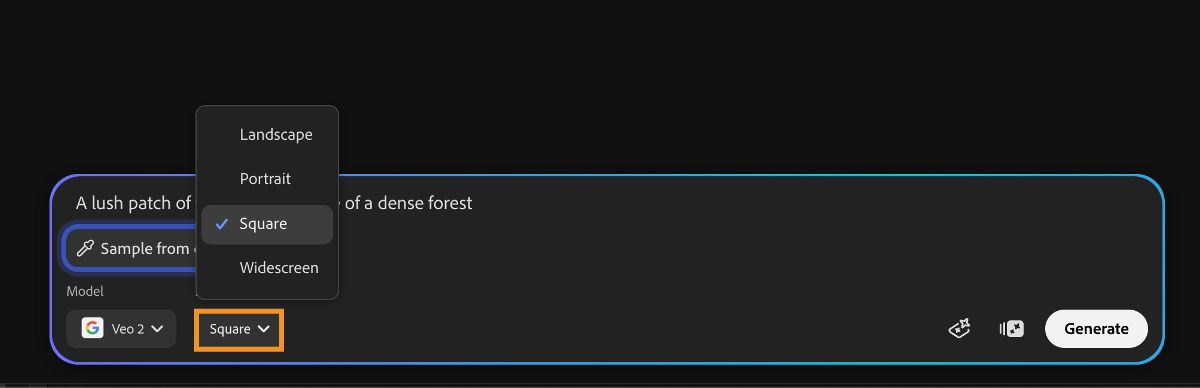 The text prompt bar includes an option to select the aspect ratio for the video to be generated. You can choose from Landscape, Portrait, Square, or Widescreen formats.