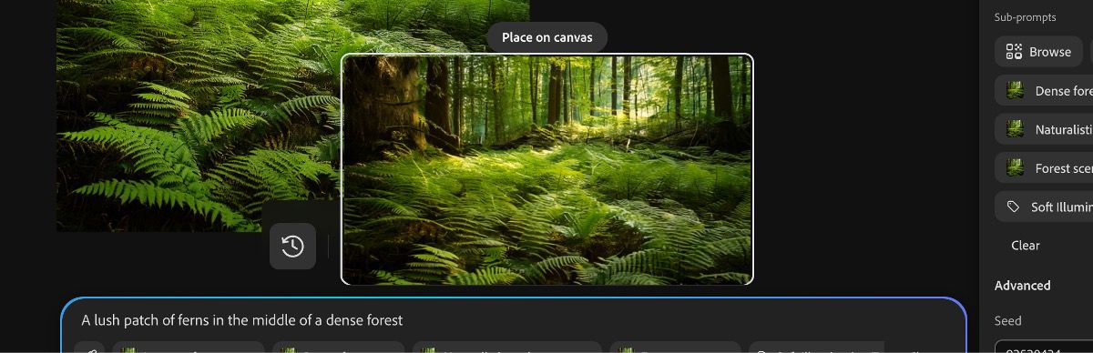 The generated video is highlighted, and an option to 'Place on Canvas' is available to add it to the canvas.