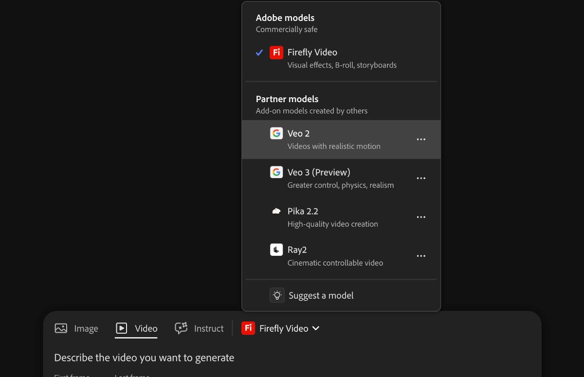 La barre de prompt textuel est ouverte, une description de texte est ajoutée et un modèle de partenaire - Veo 2 est sélectionné comme modèle vidéo.