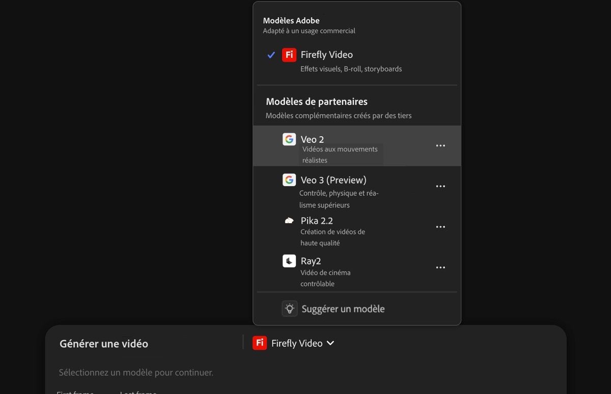 La barre de prompt textuel est ouverte, une description de texte est ajoutée et un modèle de partenaire - Veo 2 est sélectionné comme modèle vidéo.