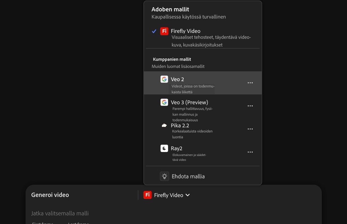 Tekstikehotepalkki on avattuna, ja siihen on kirjoitettu kuvaus. Videomalliksi on valittu kumppanin Veo 2 -malli.