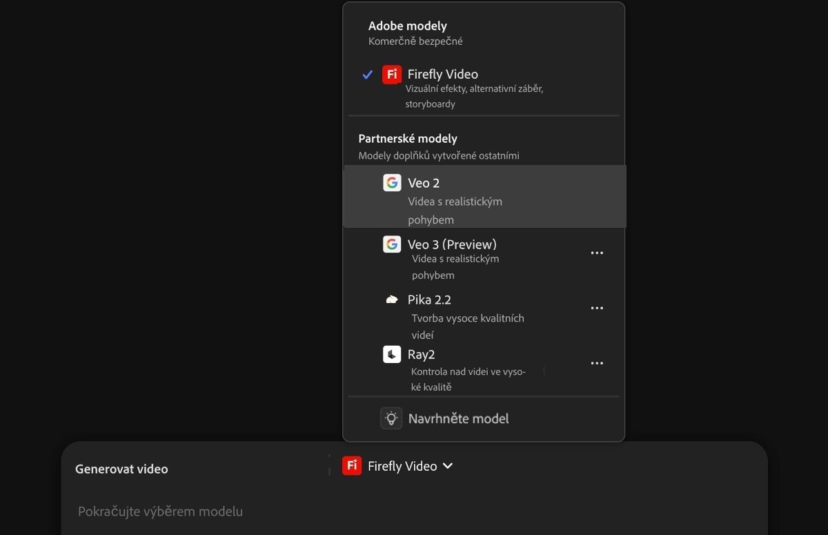 Otevře se panel textových zadání, přidá se textový popis a jako model videa se vybere partnerský model – Veo 2.